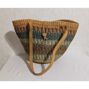 Vintage Handwoven Straw Sisal Tote Bag Leather Straps From Philippines